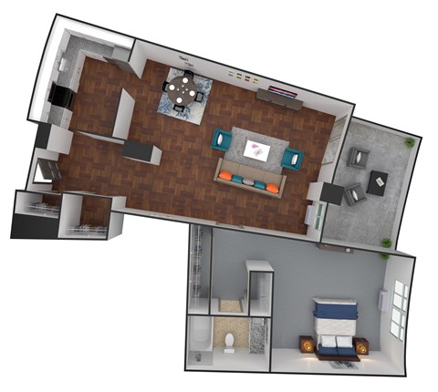 Floor plan for 1 bed, 1 bath, 730 sqft